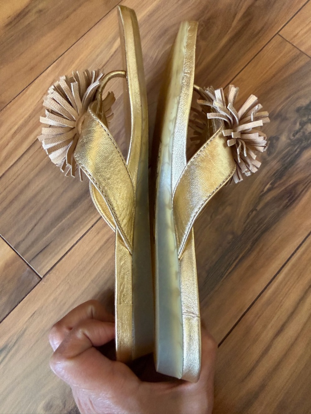 COACH Metallic Gold Leather Tassel Toe-Post Sandals - Picture 7 of 9